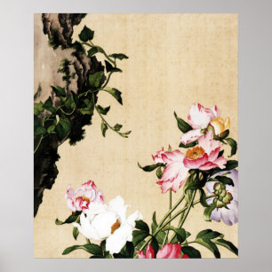 Chinoiserie Roze Pioen en Schildering van een Gele Poster