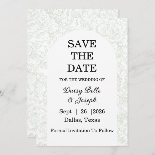 Chinoiserie Sage Green Peony Save The Date (Voorkant / Achterkant)