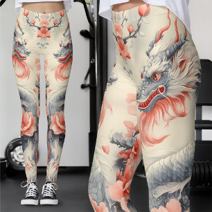 Chinoiserie Sakura Draak   Leisteen & Roze Kunst Leggings