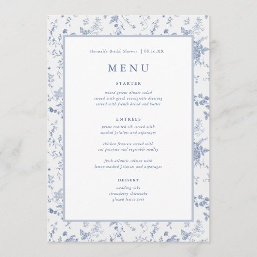 Chinoiserie Something Blue Vrijgezellenfeest Menu (Voorkant)