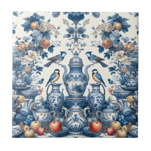 Chinoiserie  stijl Vogels & Vazen Kussen Tegeltje (Voorkant)