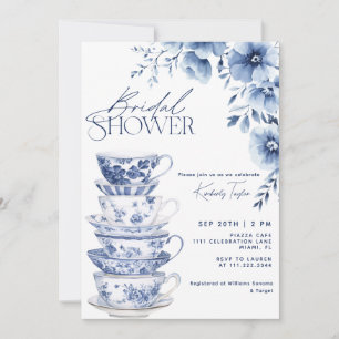 Chinoiserie Stofblauw Bloem Bruidsdouche Kaart