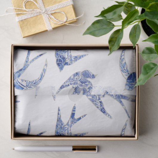 Chinoiserie Swallow Bird Blue Decoupage Tissuepapier (Geschenk)