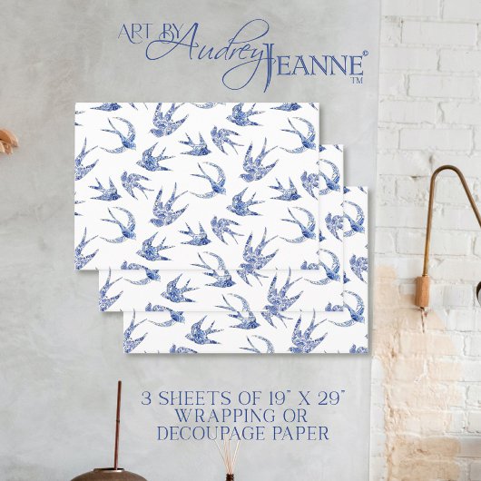 Chinoiserie Swallow Bird Blue en White Decoupage Inpakpapier Vel