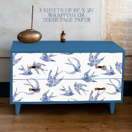 Chinoiserie Swallow Bird Blue en White Decoupage Inpakpapier Vel