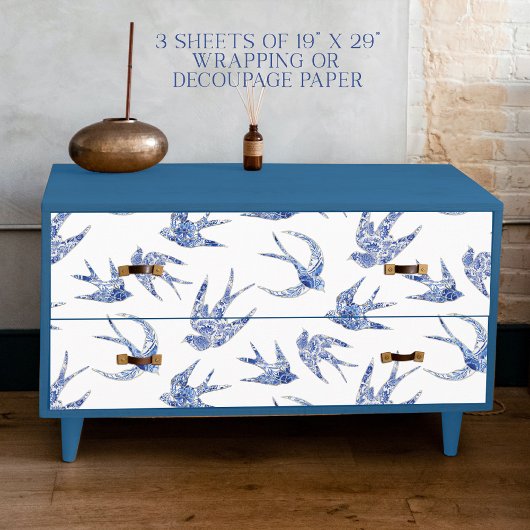 Chinoiserie Swallow Bird Blue en White Decoupage Inpakpapier Vel