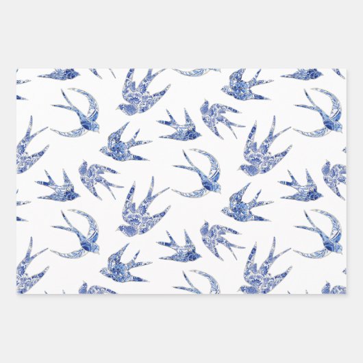 Chinoiserie Swallow Bird Blue en White Decoupage Inpakpapier Vel (Voorkant)