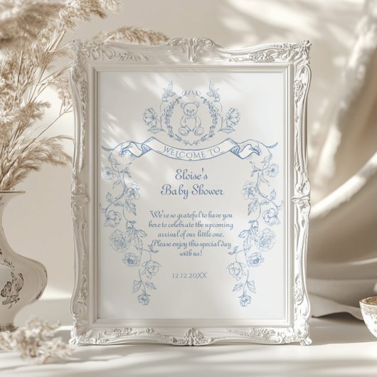 Chinoiserie teddybeer Toile baby shower Welkom Poster