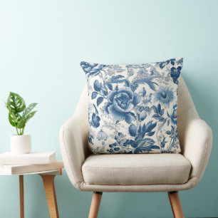 Chinoiserie Toile Blauw en Witte Pioenen Bloemen Kussen