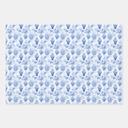 Chinoiserie Toile Blauw & Wit Bloemen Vazen Inpakpapier Vel (Voorkant 3)