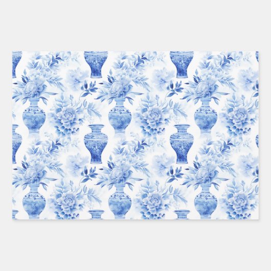 Chinoiserie Toile Blauw & Wit Bloemen Vazen Inpakpapier Vel (Voorkant)