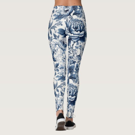 Chinoiserie Toile Blauw Wit Pioenen Bloemen Leggings (Achterkant)
