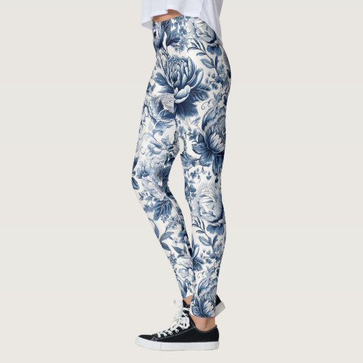 Chinoiserie Toile Blauw Wit Pioenen Bloemen Leggings (Links)