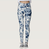 Chinoiserie Toile Blauw Wit Pioenen Bloemen Leggings (Voorkant)
