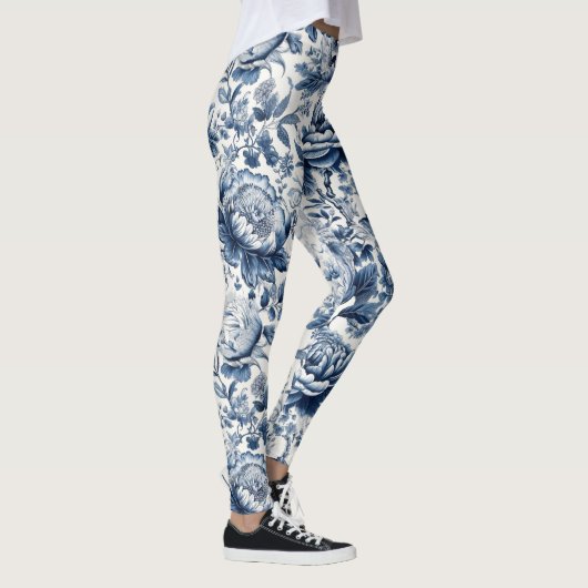 Chinoiserie Toile Blauw Wit Pioenen Bloemen Leggings (Rechts)