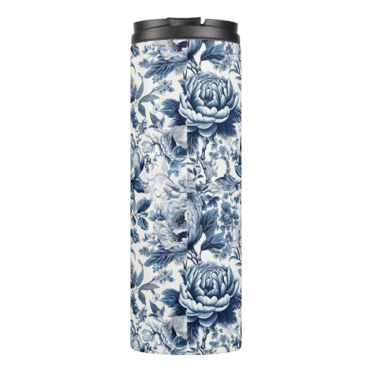 Chinoiserie Toile Blauw Wit Pioenen Bloemen Thermosbeker (Achterkant)