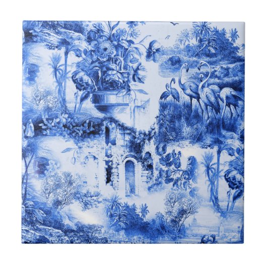 Chinoiserie toile, blauwe wilg, blauw china tegeltje (Voorkant)