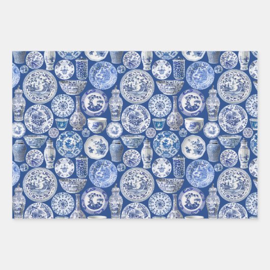Chinoiserie Toile Blue Willow Inpakpapier Vel (Voorkant 2)