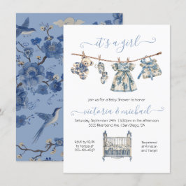 Chinoiserie Toile Clothesline Baby shower Meisje Kaart