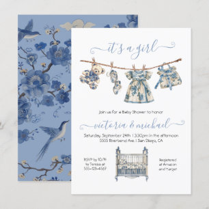 Chinoiserie Toile Clothesline Baby shower Meisje Kaart