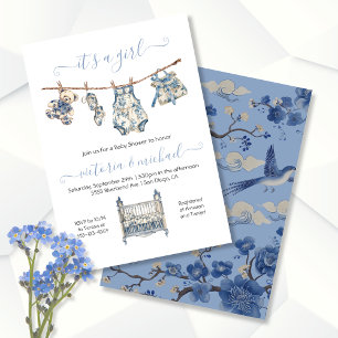 Chinoiserie Toile Clothesline Baby shower Meisje Kaart