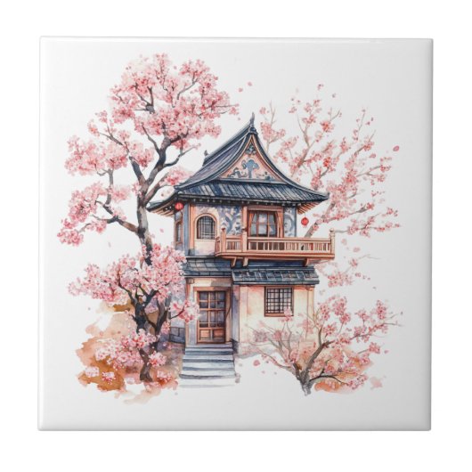 Chinoiserie Toile De Jouy Pagode  Tegeltje (Voorkant)