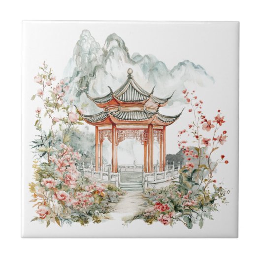 Chinoiserie Toile De Jouy Pagode Tegeltje (Voorkant)