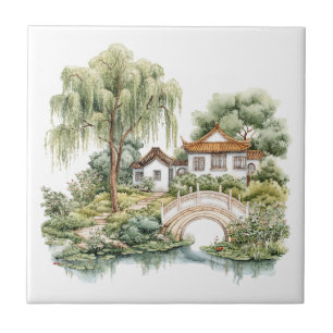 Chinoiserie Toile De Jouy Pagode  Tegeltje