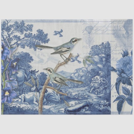 Chinoiserie Toile Floral Blue White Script Collage Tissuepapier (Voorkant)
