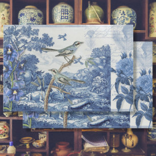 Chinoiserie Toile Floral Blue White Script Collage Tissuepapier