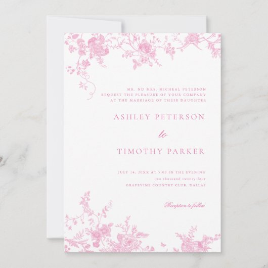 Chinoiserie Toile Roze Bloemen Bruiloft Kaart (Voorkant)