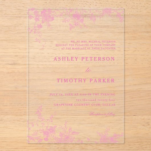 Chinoiserie Toile Roze bruiloft Acryl Uitnodigingen (Voorkant)