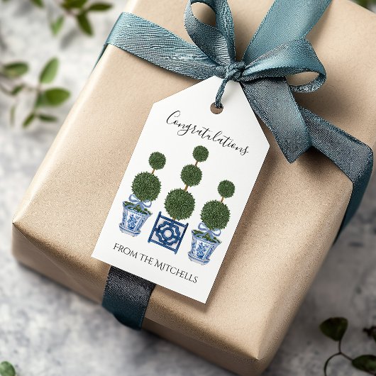 Chinoiserie Topiary Bomen met Blauwe Strik Cadeaulabel
