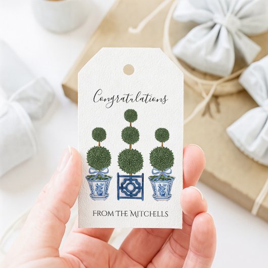 Chinoiserie Topiary Bomen met Blauwe Strik Cadeaulabel