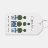 Chinoiserie Topiary Bomen met Blauwe Strik Cadeaulabel (Voorkant (Horizontaal))