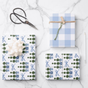 Chinoiserie Topiary Boom Blauwe Strik en Gingham Inpakpapier Vel