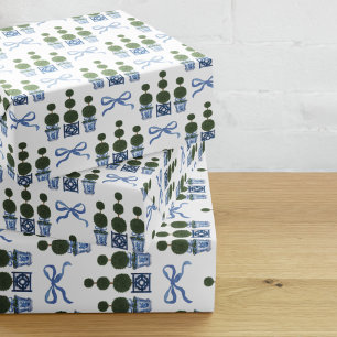 Chinoiserie Topiary Boom Blauwe Strik Inpakpapier Vel