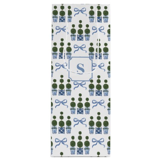 Chinoiserie Topiary Boom Blauwe Strik Wijn Cadeautas (Voorkant)