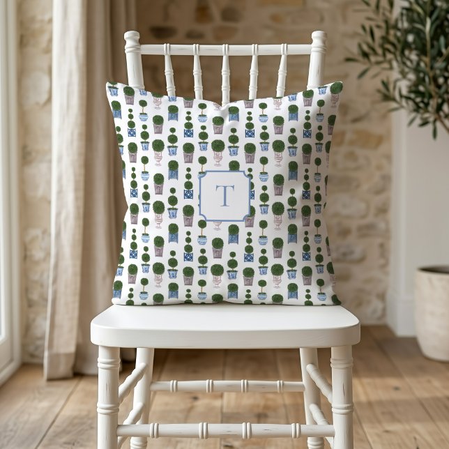 Chinoiserie Topiary Boom Monogram Kussen (Topiary Tree Pillow)
