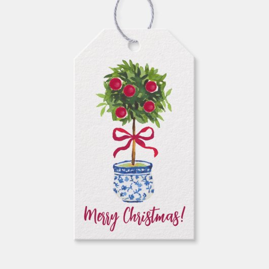 Chinoiserie Topiary Christmas, Custom Holiday Cadeaulabel (Voorkant)