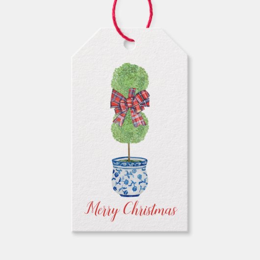 Chinoiserie Topiary Christmas Gift Label, Blue&Whi Cadeaulabel (Voorkant)
