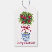 Chinoiserie Topiary Kerstmis, Blauw Wit Vakantie Cadeaulabel (Voorkant)