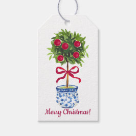 Chinoiserie Topiary Kerstmis, Blauw Wit Vakantie Cadeaulabel