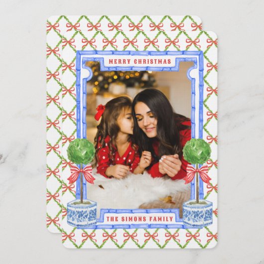 Chinoiserie Topiary met Rode Bogen | Kerstmis Kaart (Voorkant / Achterkant)