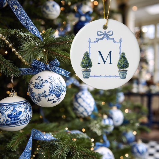 Chinoiserie Topiary Monogram Crest Kerstmis Keramisch Ornament