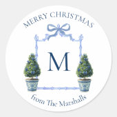 Chinoiserie Topiary Monogrammed Crest Christmas Ronde Sticker (Voorkant)