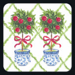 Chinoiserie Topiary Red Christmas Vierkante Sticker<br><div class="desc">Voeg deze leuke sticker toe aan je vakantiekaarten!</div>
