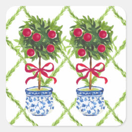 Chinoiserie Topiary Red Christmas Vierkante Sticker