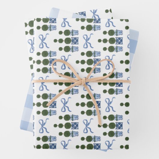 Chinoiserie Topiary Tree Blue Bow en Gingham Inpakpapier Vel (In situ)