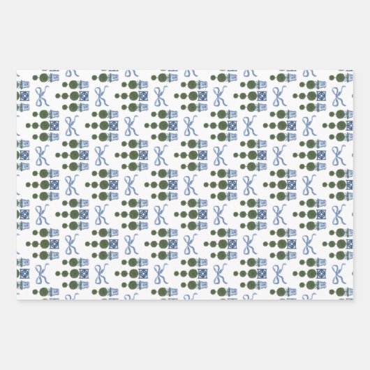 Chinoiserie Topiary Tree Blue Bow en Gingham Inpakpapier Vel (Voorkant)